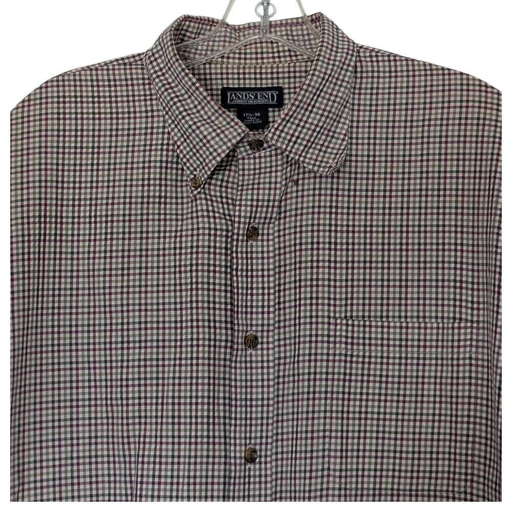 Lands' End Shirt Mens 17.5 36 Burgundy Gray Plaid Check Button Front Long Sleeve